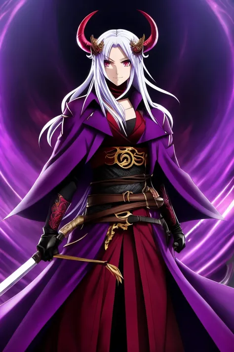 anime - (masterpiece), best quality, purple eyes demon with no horns, smiling purple mouth, red coat, massive katana, dragon 