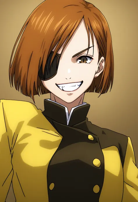 two heads, conjoined, black eye patch, nobara, 1girl,solo,looking at viewer,smile,short hair,bangs,brown hair,brown eyes,,jacket...