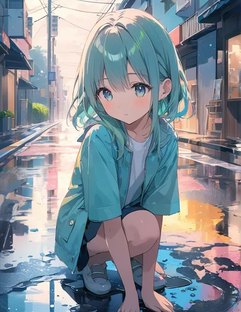 (Anime Style:1.4),A soft touch to painting、超High resolution, Attention to detail, high quality, High resolution, 最high quality, 4K, 8k,Road after the rain、Puddle and girl、Pastel color effect