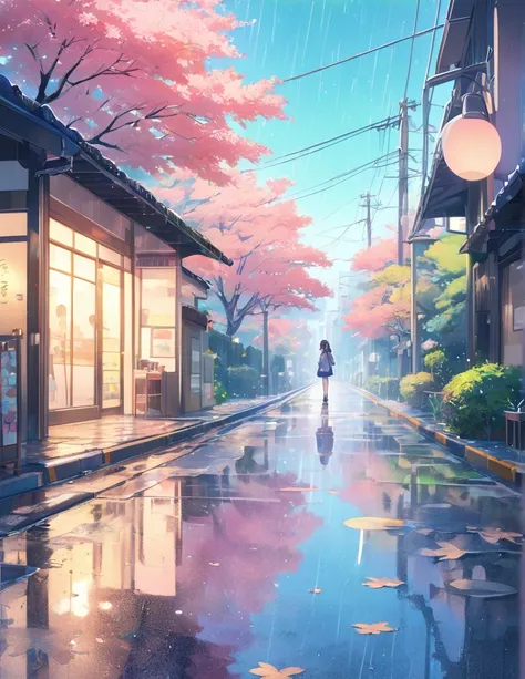 (Anime Style:1.4),A soft touch to painting、超High resolution, Attention to detail, high quality, High resolution, 最high quality, 4K, 8k,Road after the rain、Puddle and girl、Pastel color effect