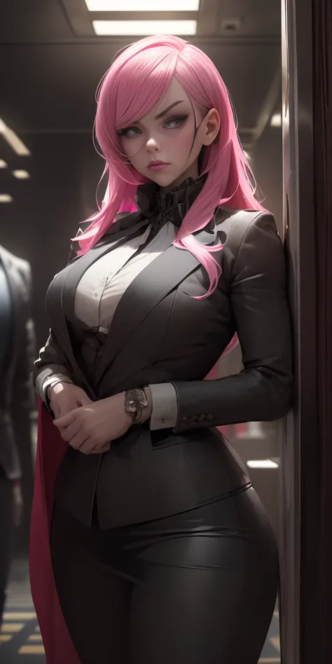 a pink-haired girl boss of the mafia,dark atmosphere,hidden weapons,high-end luxury cars,strategic meeting,secret hideout,heavy security,confident posture,determined look,fierce eyes,sleek and stylish outfit,dramatic lighting,gritty urban backdrop,intense ...