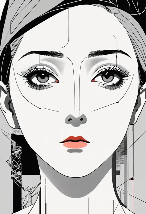 Man Ray：dadaist。Minimalist geometry，Multi-layer collage，Irregularly cropped photos to create a collage，Gray empty，anime Line Art, A girl, Kawaii, Cyberpunk, ink paint Line Art, Vector Art, Thick Line, Technical drawings, (Line Art:1.4), The Minimalists, ma...