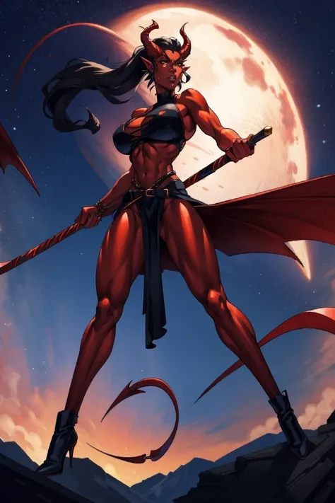 Red skin succubus tiefling, digitigrade legs, ((full breasts, huge breasts)), black horns, wings, huge tail, black leather, crop top, long flowing pelvic curtain, tall, athletic, graceful, thin, long black ponytail. Action scene, whip. Dark scene, explosio...