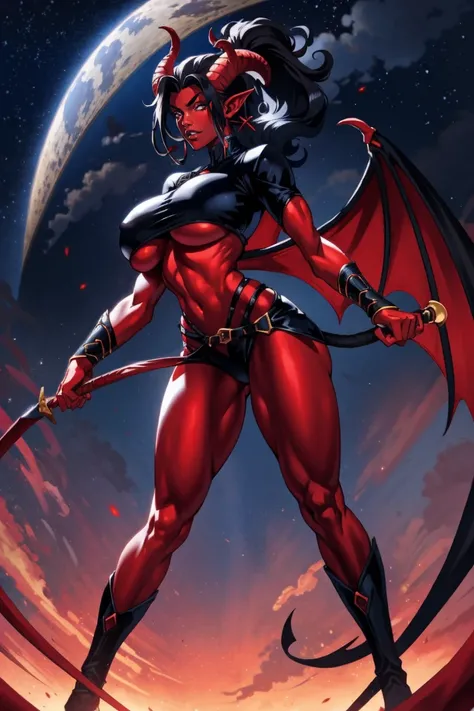 Red skin succubus tiefling, digitigrade legs, ((full breasts, huge breasts)), black horns, wings, huge tail, black leather, crop top, long flowing pelvic curtain, tall, athletic, graceful, thin, long black ponytail. Action scene, whip. Dark scene, explosio...