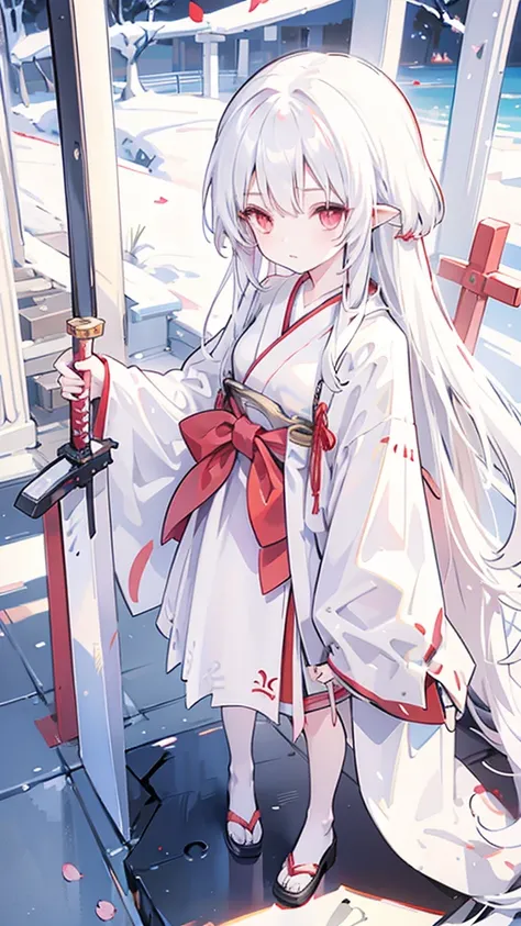 Girl Shrine Maiden White Hair Red Eyes Sword Standing Figure