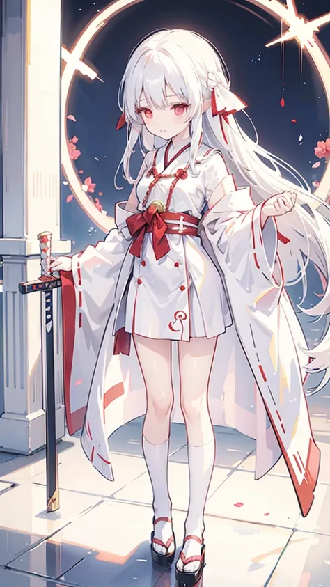 Girl Shrine Maiden White Hair Red Eyes Sword Standing Figure