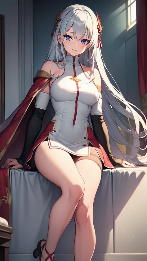 (masterpiece, best quality, ultra-detailed, best shadow), solo girl, silver hair, blue eyes, long hair, medium breasts, sexy body and face, wavy hair, smile, parted lips, red lips, circlet, skirt, bridal gauntlets, jewelry, cape, bare shoulders, sandals, s...