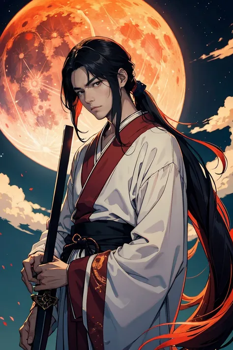 Full red moon in the background, 1man, the man is wearing a japanese robe with his long hair ponytailed, he has his sword drawn out, you can only see a silhouette of him 