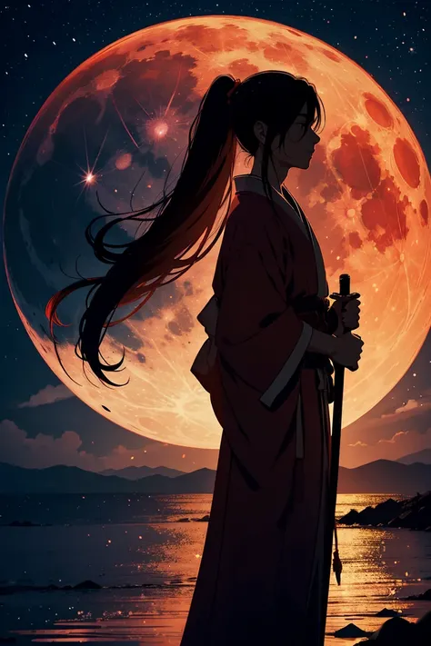 Full red moon in the background, 1man, the man is wearing a japanese robe with his long hair ponytailed, he has his sword drawn out, you can only see a silhouette of him 