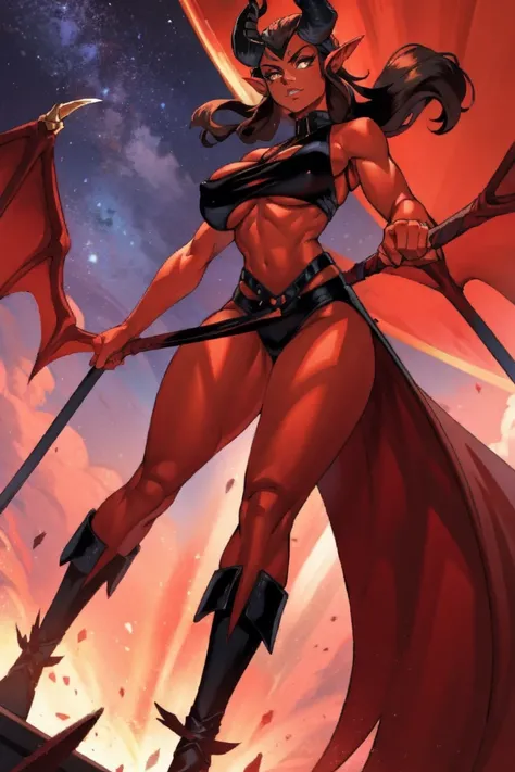 Red skin succubus tiefling, digitigrade legs, full breasts, huge breasts, black horns, wings, huge tail, black leather, crop top, long flowing pelvic curtain, tall, athletic, graceful, thin, long black ponytail. Action scene, whip. Dark scene, explosions, ...