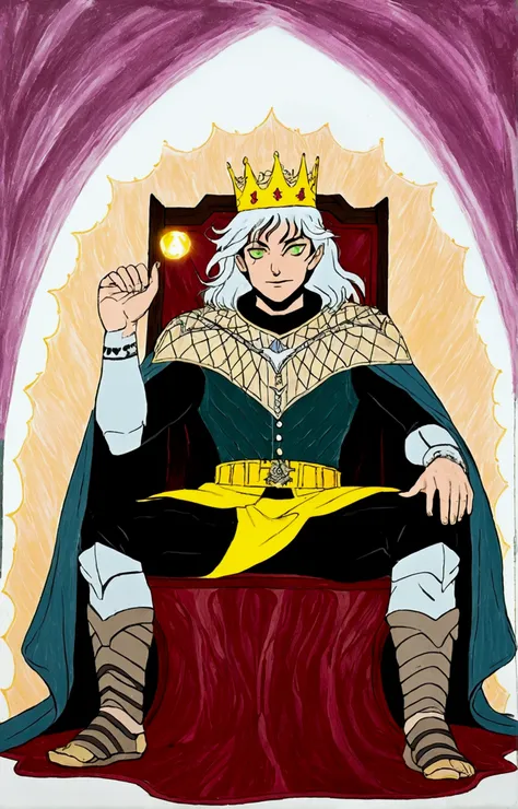 Young human long silver haired man, green eyes and white skin, with a dark mint green light scaled clothing, a silver headdress on the chest and a dark gray cape, sitting in a mocking and threatening manner, on a throne, emanating a golden and sacred aura ...