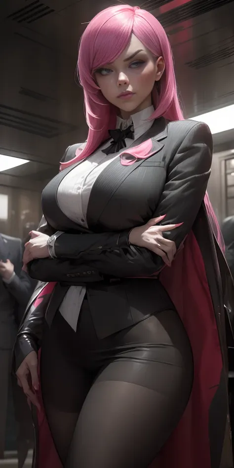 a pink-haired girl boss of the mafia,dark atmosphere,hidden weapons,high-end luxury cars,strategic meeting,secret hideout,heavy security,confident posture,determined look,fierce eyes,sleek and stylish outfit,dramatic lighting,gritty urban backdrop,intense ...