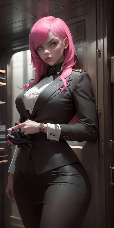 a pink-haired girl boss of the mafia,dark atmosphere,hidden weapons,high-end luxury cars,strategic meeting,secret hideout,heavy ...