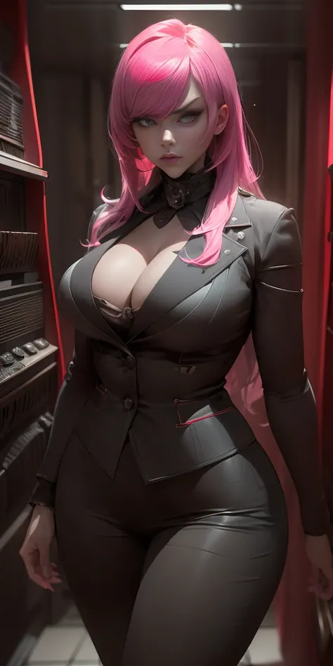 a pink-haired girl boss of the mafia,dark atmosphere,hidden weapons,high-end luxury cars,strategic meeting,secret hideout,heavy security,confident posture,determined look,fierce eyes,sleek and stylish outfit,dramatic lighting,gritty urban backdrop,intense ...