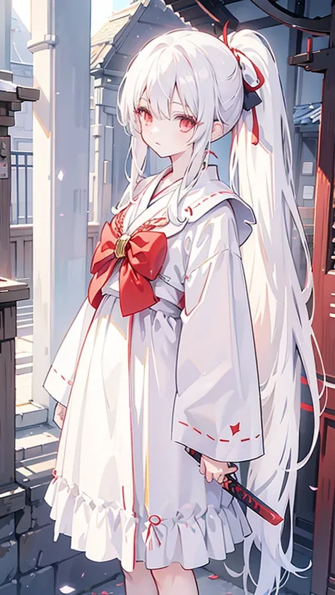 Girl Shrine Maiden White Hair Red Eyes Sword Standing Illustration Ephemeral Ponytail