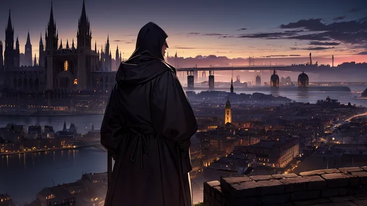 man, adult, average height, backwards, Hooded coat, looking at an ancient city from the medieval age as night falls.