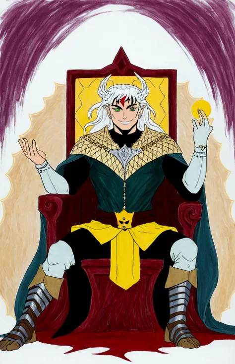 Young human long silver haired man, green eyes and white skin, with a dark mint green light scaled clothing, a silver headdress on the chest and a dark gray cape, sitting in a mocking and threatening manner, on a throne, emanating a golden and sacred aura ...