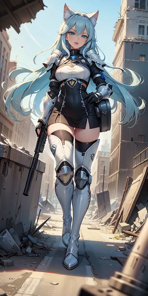 Masterpiece, beautiful art, 8k, art style by sciamano240, very detailed face, detailed clothes, detailed fabric, 1girl, beautiful face, asymmetrical long hair, light blue hair, space armor , thigh boots , very detailed blue cat eyes, hero stance , holding ...