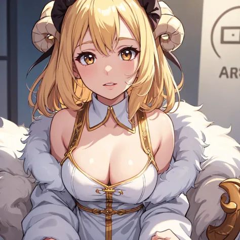 One girl, Face close-up,Aries image,Blond in fluffy clothes, Shortcuts, Illustration, Ram&#39;s horn,Background monochrome red