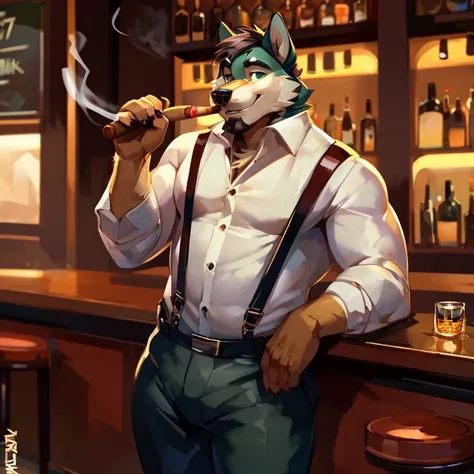 anthro, Husky wolf, Dark and cream-colored fur, Short hair and short beard of a bluish-green tone,  wearing a shirt and pants with suspenders, in a bar in New Orleans, drinking Whiskey, smoking a cigar, looking at the camera, By mystikfox61