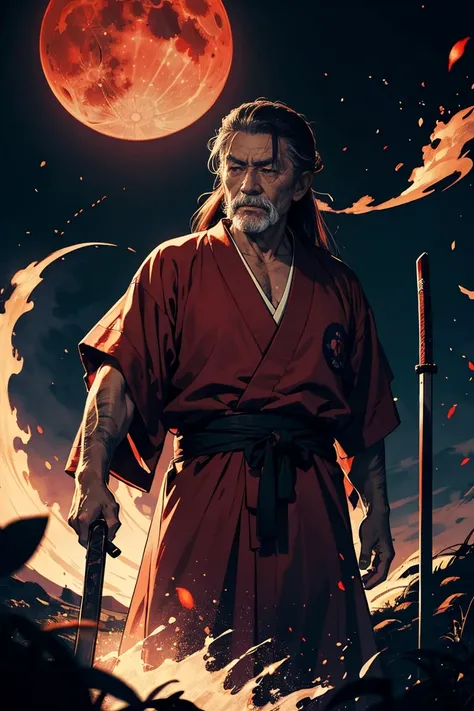 Full red moon in the background, 1man, an old man that looks like Musashi Miyamoto
with scars in his face and neck, the old man is wearing a japanese robe with his long hair ponytailed, he has his sword drawn out, you can only see a silhouette of him
