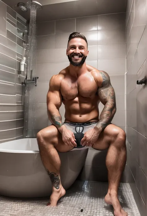 Award-winning original photos, 30 year old man and wild muscle man, short beards, strong, hunk, tattooed, Smile happily, Detailed, Nice, Full body, skinny jockstrap in the shower