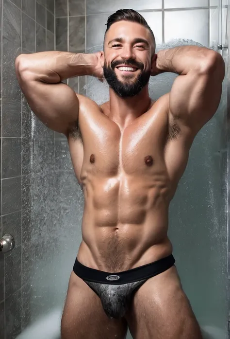 Award-winning original photos, 30 year old man and wild muscle man, short beards, strong, hunk, tattooed, Smile happily, Detailed, Nice, Full body, skinny jockstrap in the shower