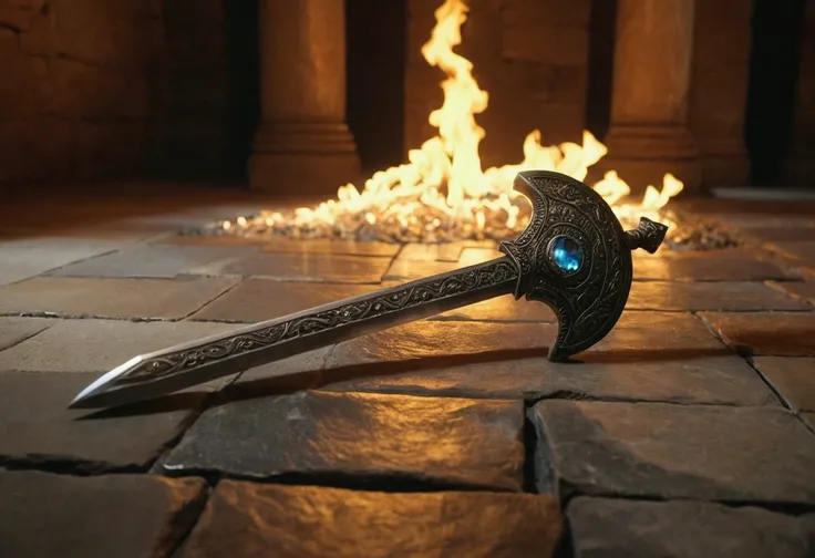 Iron Sword stuck in stone floor, fire on whole floor, crystal in background