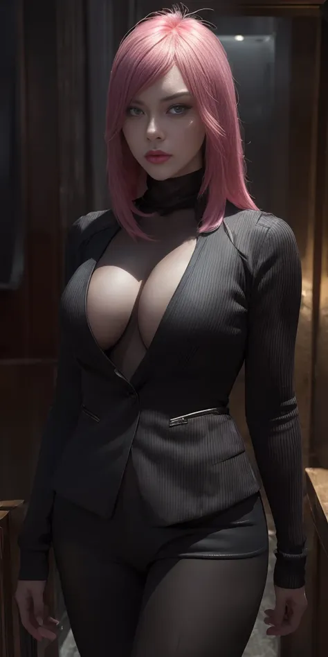 a pink-haired girl boss of the mafia,dark atmosphere,hidden weapons,high-end luxury cars,strategic meeting,secret hideout,heavy security,confident posture,determined look,fierce eyes,sleek and stylish outfit,dramatic lighting,gritty urban backdrop,intense ...