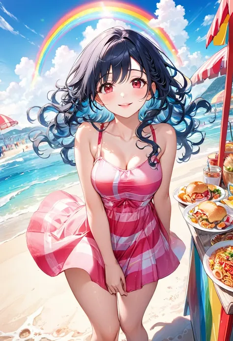 (full body, pov style), (solo:2, 15 yo, curly:1.3 black blue hair long hair cute girl, cute red eyes, happy smile, glossy lip, sexy medium1.2 tits), (in a pink summer one piece dress), break, in the Beach food stalls, background Double Exposure beautiful o...