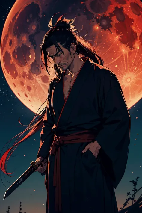 Full red moon in the background, 1man, a man that looks like Musashi Miyamoto with scars in his face and neck, the old man is wearing a japanese robe with his long hair ponytailed, he has his sword drawn out, you can only see a silhouette of him
