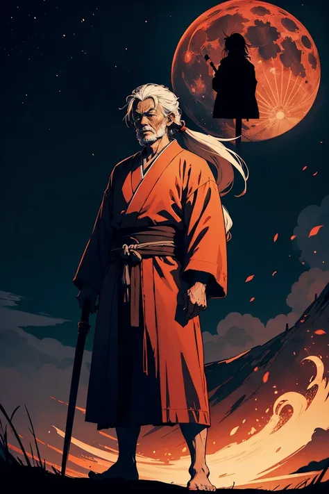 Full red moon in the background, 1man, a man that looks like Musashi Miyamoto with scars in his face and neck, the old man is wearing a japanese robe with his long hair ponytailed, he has his sword drawn out, you can only see a silhouette of him
