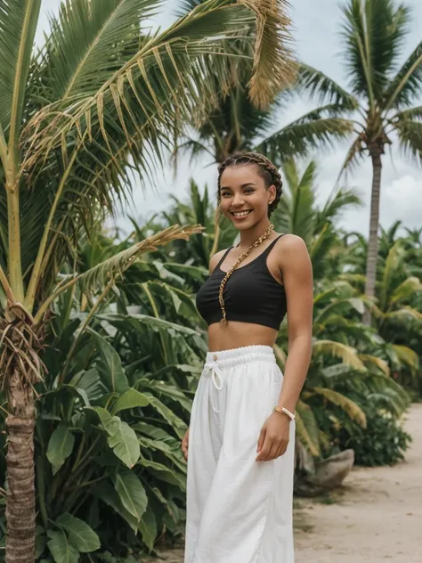 her name is Chrsotine, high quality, 1girl, ((20-year-old fit Caucasian woman)), ((20 years old)), ((fit)), ((Halo Braid)), pose: standing, wearing unique Generation-Z modern wear, BACKGROUND: Caribbean nation on the island of Hispaniola, smiling