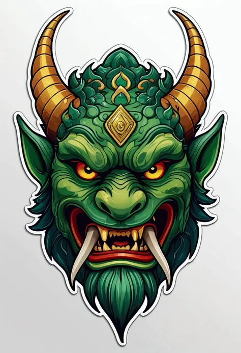 Sticker illustration on white background, downtown, Leprechaun face paint in the shape of a dragon, Eastern style painting, connect mask, Demon Samurai Mask, Asura in Chinese mythology, Thrown outline style, jagged edges, garbage bin, light shading --v 5.2