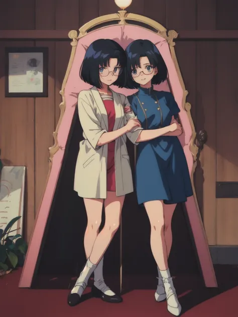 bob cut, black hair, rimless eyewear, mole under eye, solid circle eyes, (full body), 2girl, embarrassed, (80s anime), to pussy ...