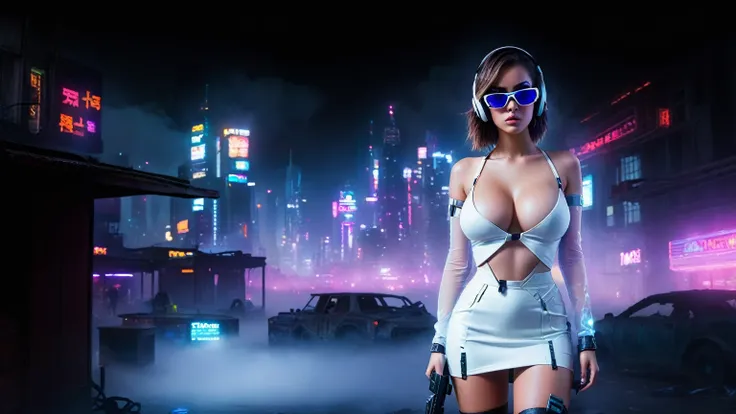 dark futuristic landscape, at night, neon lights, Atmospheric fog, large buildings in the background, futuristic city, streets with open shops, skyscraper (postapocalyptic city:1.3). (((1girl, solo, alone))), large-breast:1.2 slim body, cleavage:1.1, sexy ...