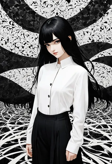 (masterpiece, best quality, Extremely detailed), delicate patterned, Detailed background,
(1 Girl), Solitary, Bankruptcy, 
Single Cream, black and white, (Split screen) Long black hair wearing black clothes，Short white hair wearing white clothes, Flip hori...