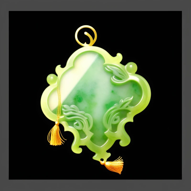 绿色的Jade Pendant，Golden tassels。Jade Pendant，Game Resources。 雕刻着花纹的Jade Pendant，Hand drawn texture