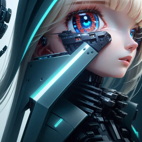 Close-up of a person with a robot head attached to a mobile phone, A mix of anime robots and organic matter, Robot wearing a human mask, Elle Fanning as an Android, Integrated synthetic android, Detailed face of android, Robot with a human face, Best AI Im...