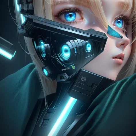 Close-up of a person with a robot head attached to a mobile phone, A mix of anime robots and organic matter, Robot wearing a human mask, Elle Fanning as an Android, Integrated synthetic android, Detailed face of android, Robot with a human face, Best AI Im...