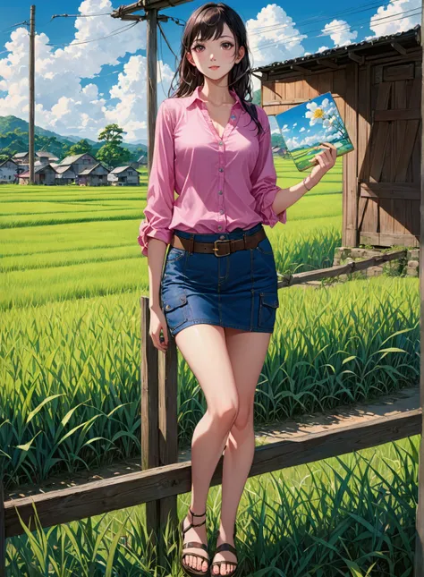 realistic anime illustration of a young beautiful woman standing and looking at viewer at rice field on blue sky rural town, she wearing pink blouse, navi-blue denim cargo pencil mini skirt with belt and black sandals, vivid colors, (1girl, solo, full body...