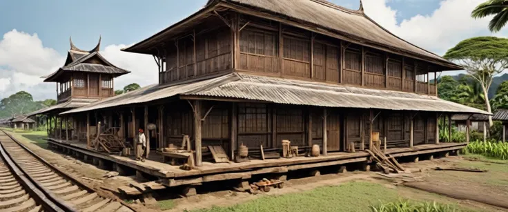 Create a realistic image of the exterior of a kongsi house in 1890. Show the wooden structure with tools and supplies scattered around. The background should include partially constructed railway tracks and colonial-era buildings. No people should be prese...