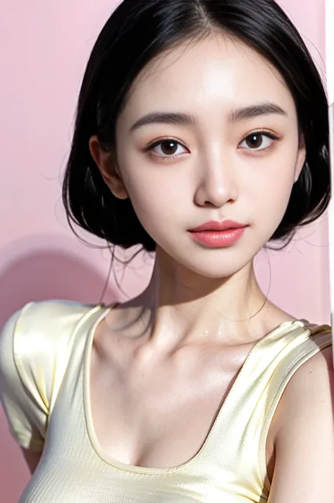 Close-up Young Korean woman Clear skin Skin care products Long straight black hair Gentle smile Pale pink blush Pastel pink background Predominantly pink and white