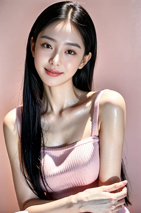 Close-up Young Korean woman Clear skin Skin care products Long straight black hair Gentle smile Pale pink blush Pastel pink background Predominantly pink and white