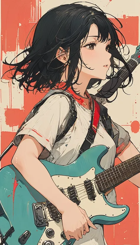 the style of kawase hasui、black hair、hime cut、22 years old、woman、playing electric guitar