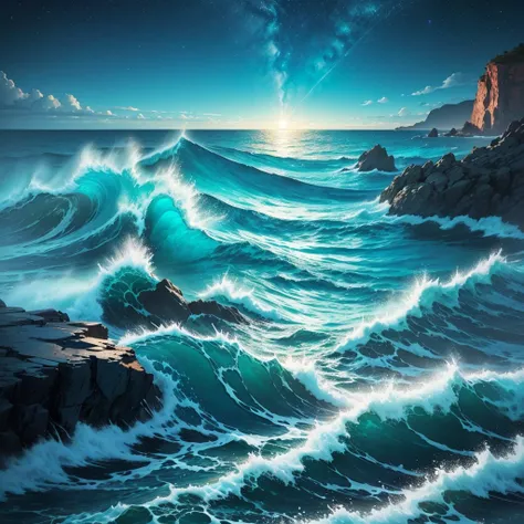 A night scene of a turquoise-colored sea with waves crashing against rocky cliffs. The moonlight reflects on the water, highlighting the vibrant turquoise color. The sky is dotted with stars, adding a serene yet powerful atmosphere to the scene.