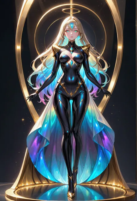 body type features a narrow waist with wider hips and shoulders, giving it an hourglass shape, long iridescent hair, iridescent eye, full body black and gold suit