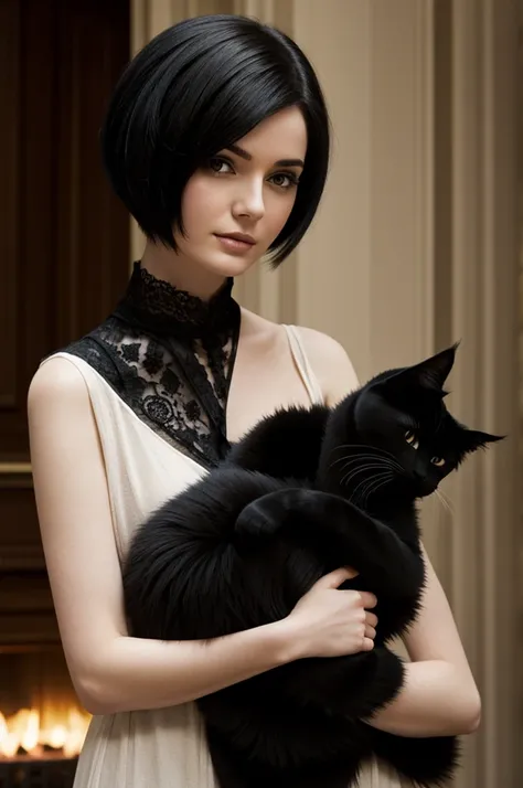 Pale woman with short black hair, holding a sorcerer cat