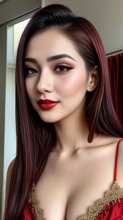 instagram photo, closeup face photo of 23 y.o Chloe in kebaya, Red Lipstick, sensual Lipstick, Sensational Make Up, cleavage, pale skin, (smile:0.4), hard shadows, White G-STRING, bright lighting 