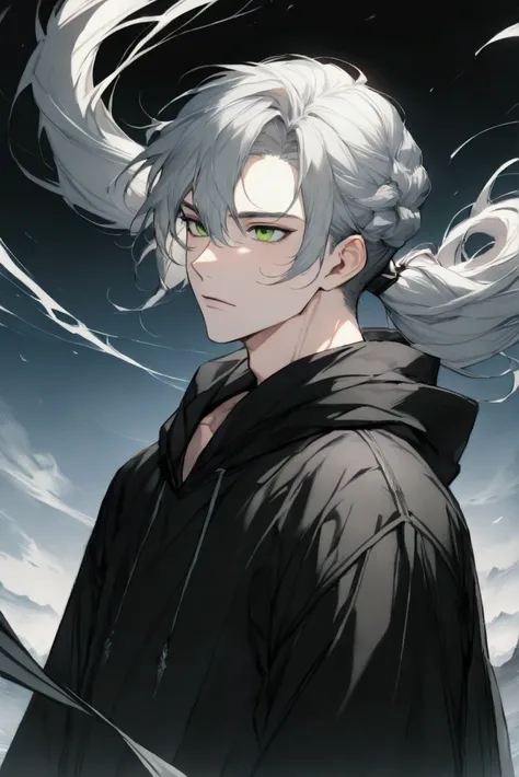 Mambang Hairstyles、Gray Hair、Handsome man in his 20s（1 male,）,Green Eyes,Expressionless,（He is wearing a long black hoodie..）,(masterpiece:1.3),(Highest quality:1.4),(Very detailedな:1.5),High resolution,Very detailed,unity 8k wallpaper,Decadent,Wind,Achiev...